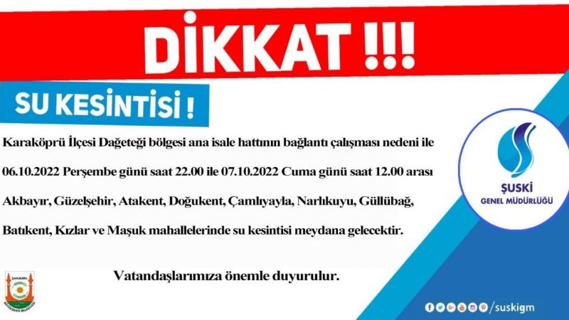ŞUSKİ'den su kesintisi uyarısı